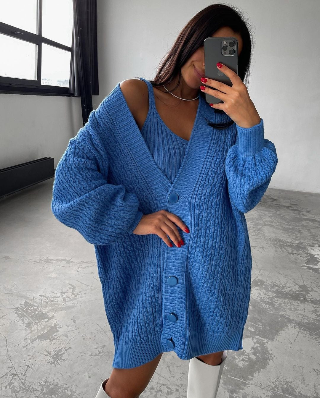 Damen Großer Strickcardigan mit Knopfleiste und Ballonärmeln Drune