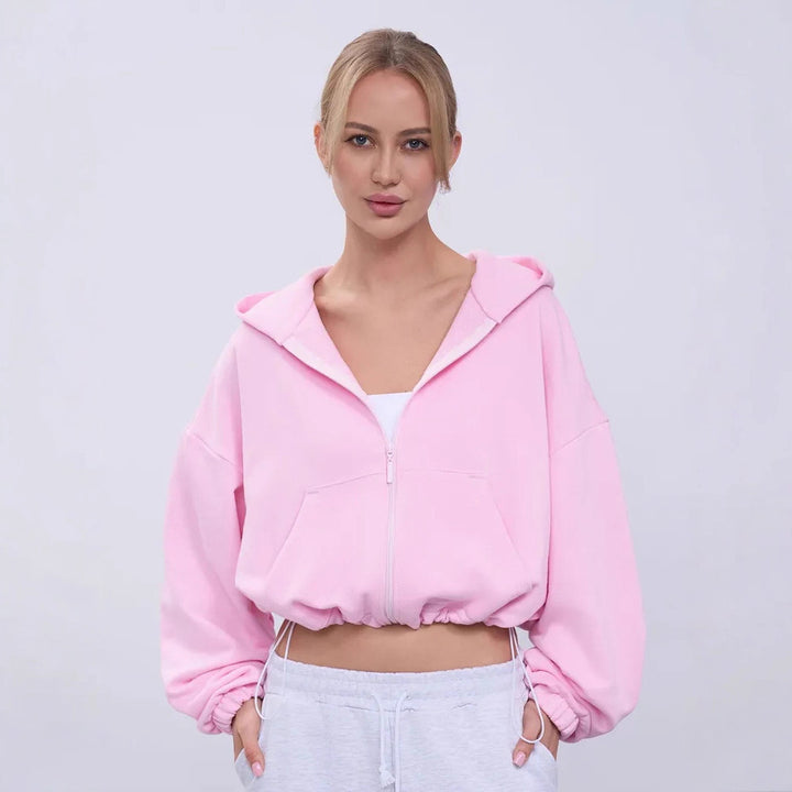Damen lässiger cropped Kapuzenpullover mit Reißverschluss und weiten Ärmeln Drune
