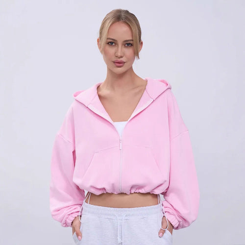 Damen lässiger cropped Kapuzenpullover mit Reißverschluss und weiten Ärmeln Drune