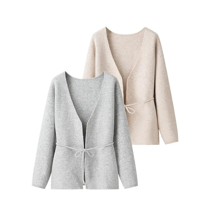 Damen lockere Strickjacke mit Taillenschnürung und weitem V-Ausschnitt Drune
