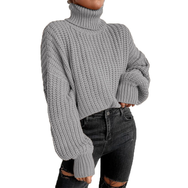 Damen Grobstrickpullover mit hohem Kragen und überschnittenen Schultern Drune