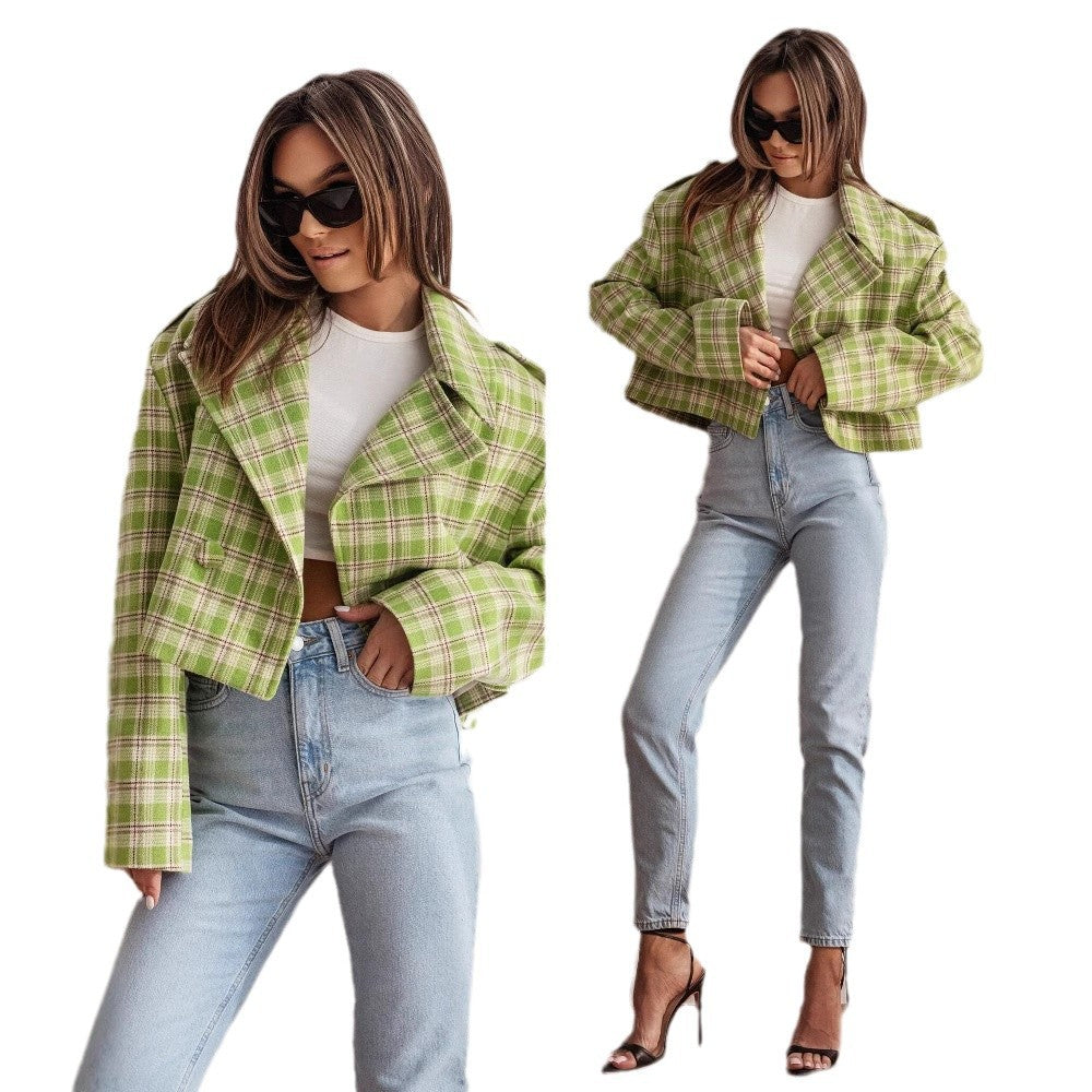 Damen Karierte Jacke im lässigen Crop-Style mit breitem Revers und Knopfdetails Drune