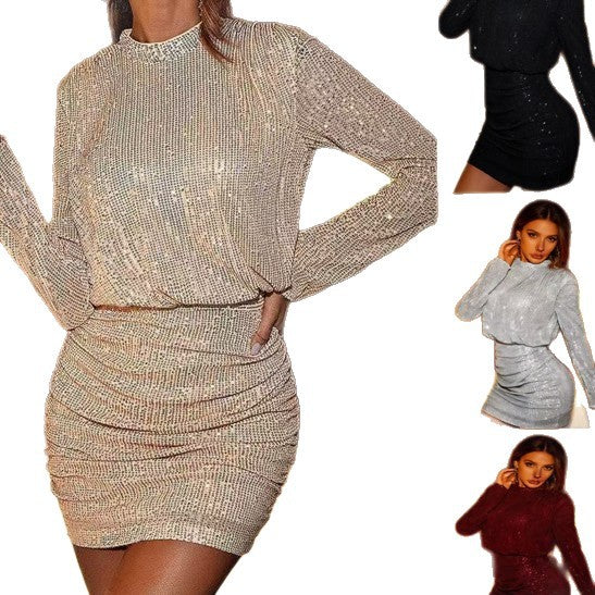 Damen figurbetontes Kurzkleid mit glitzernden Akzenten und langärmeliger Oberteilgestaltung Drune