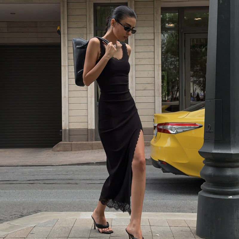 Damen Maxikleid mit Spitzenabschluss und hohem Schlitz Drune