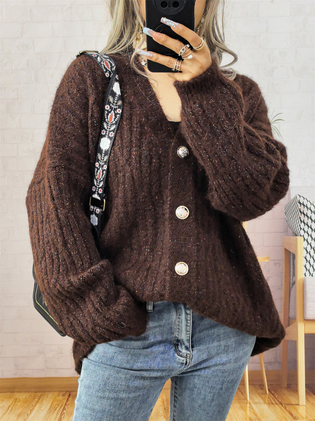 Damen gemütliche Strickjacke mit Knopfdetails Drune
