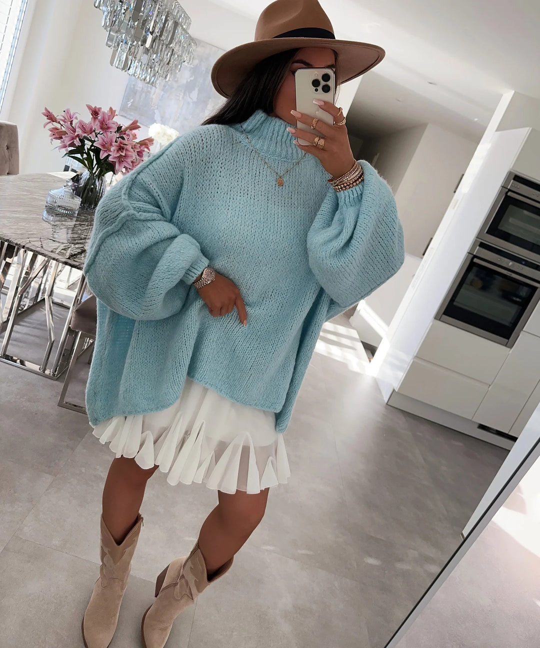 Damen lässiger Oversize Pullover mit hohen Ärmeln und unkonventionellem Schnitt Drune
