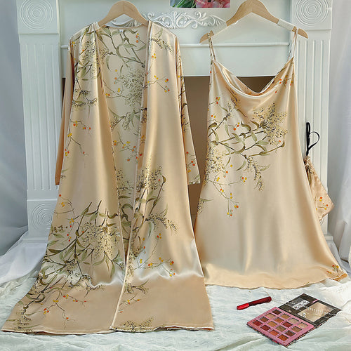 Damen Satin-Kimono und Nachthemd-Set mit floralem Design Drune