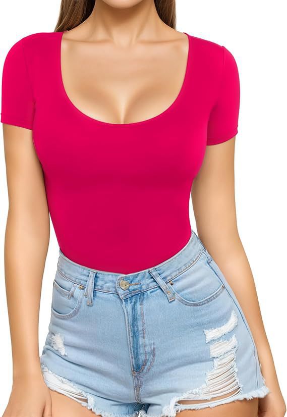 Damen figurbetontes Kurzarm-Body mit rundem Ausschnitt und nahtlosem Design Drune