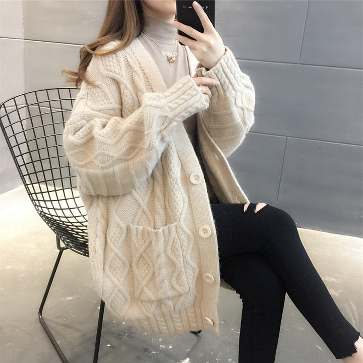 Damen Wabenstrick Oversized Cardigan mit Taschen und Knopfdetail Drune