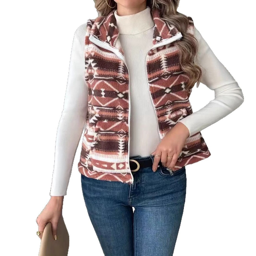Damen Fleece-Weste im Ethno-Design mit hohem Kragen Drune
