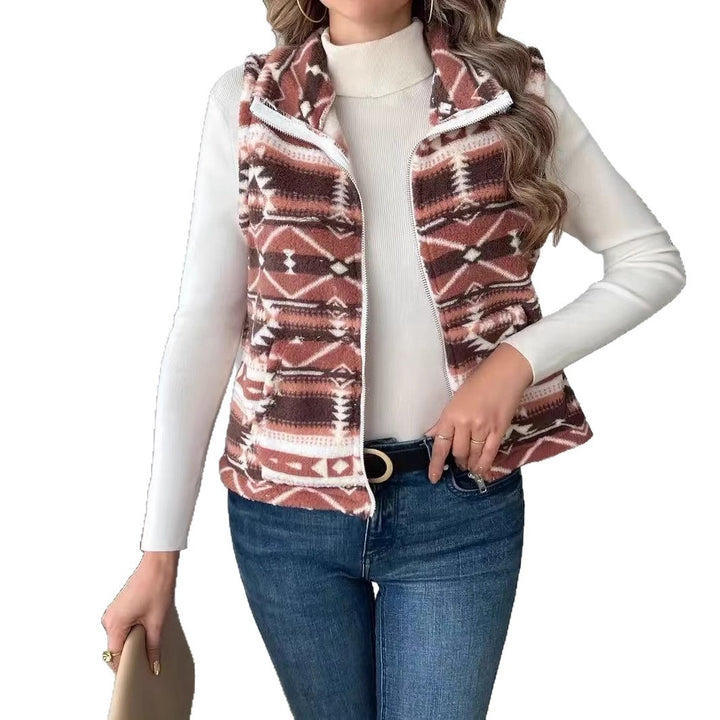 Damen Fleece-Weste im Ethno-Design mit hohem Kragen Drune