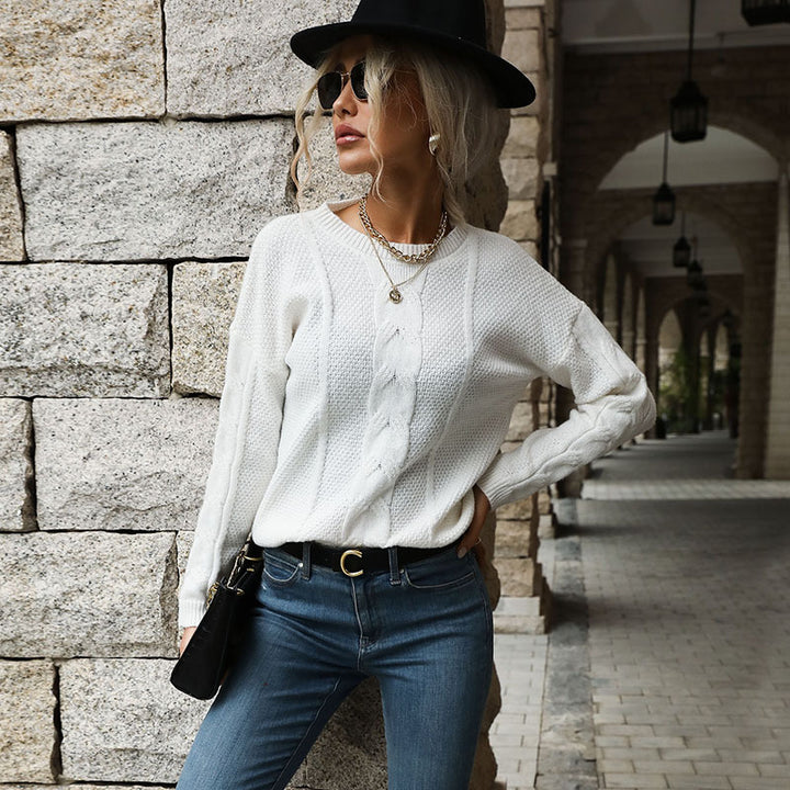 Damen lässiger Strickpullover mit modernem Zopfmuster und V-Ausschnitt Drune