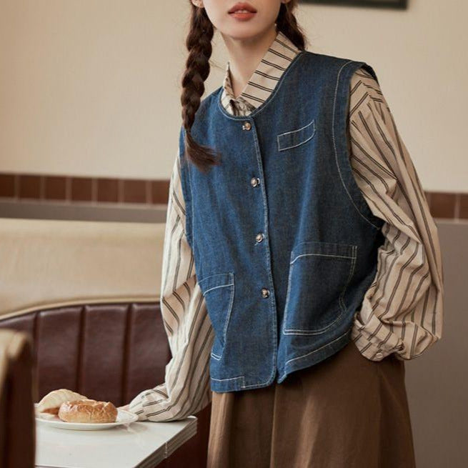 Damen Denim-Weste mit Knopfverschluss und Taschen Drune
