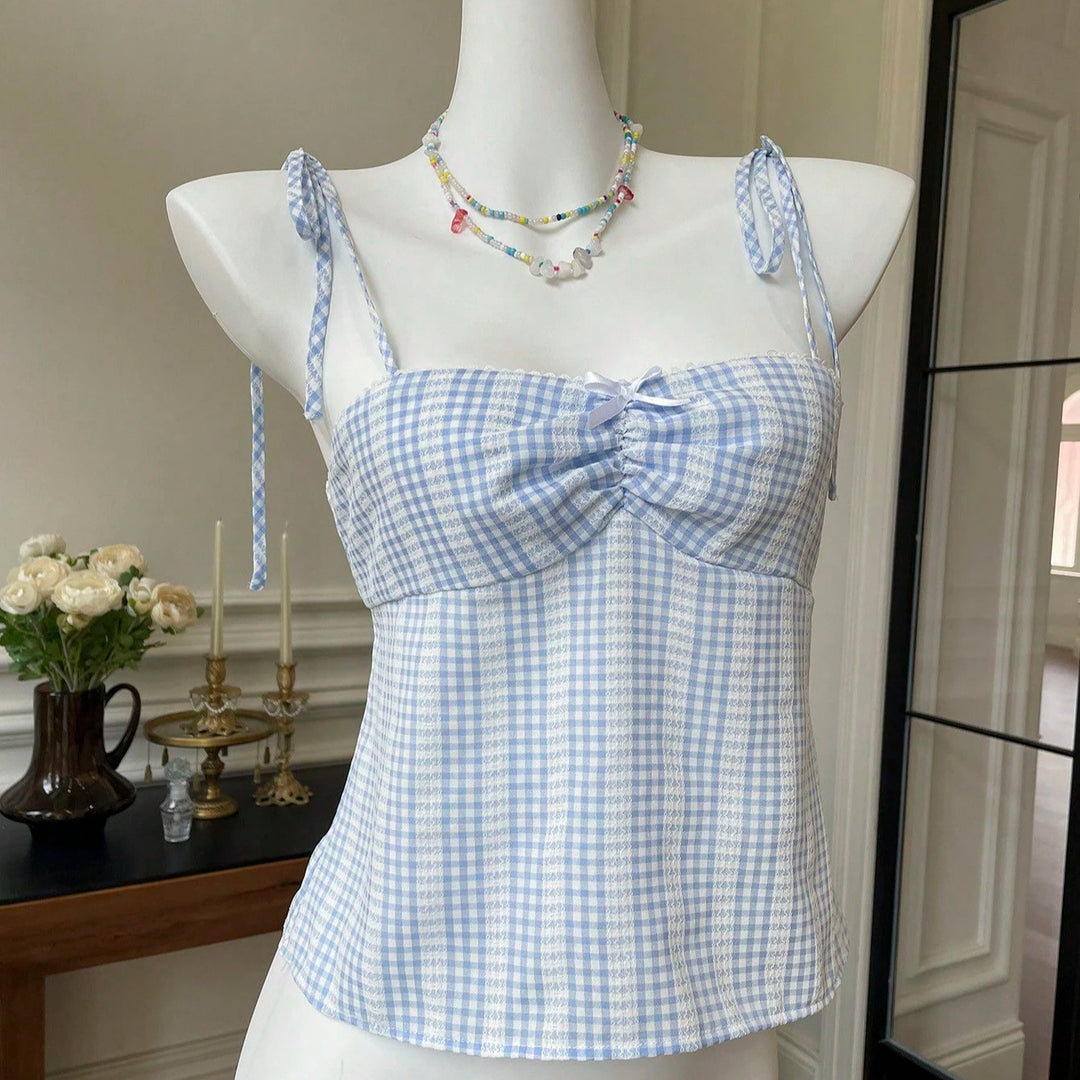 Damen Crop-Top mit verspielt gebundenen Trägern und Karomuster Drune