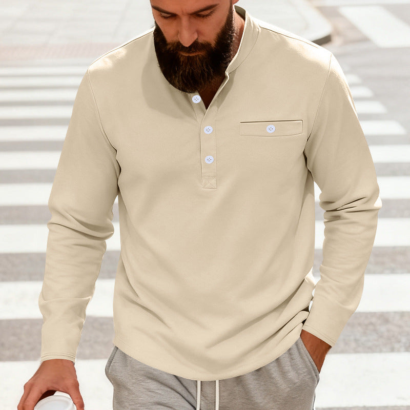 Herren nan lässiges Langarm-Henleyshirt aus Baumwollmischung mit Brusttasche Drune