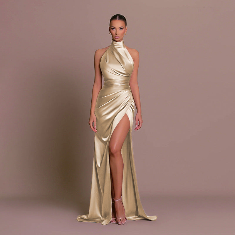 Drune | Brautjungfernkleid Satin Halter Offene Rückseite Ärmellos Elegant Hochzeit Cocktail Zeremonie Gast