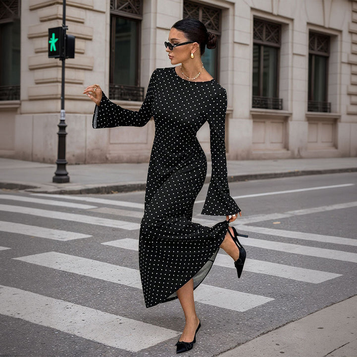 Damen Maxi-Kleid mit modischem Punkte-Dessin und eleganten Ärmeln Drune