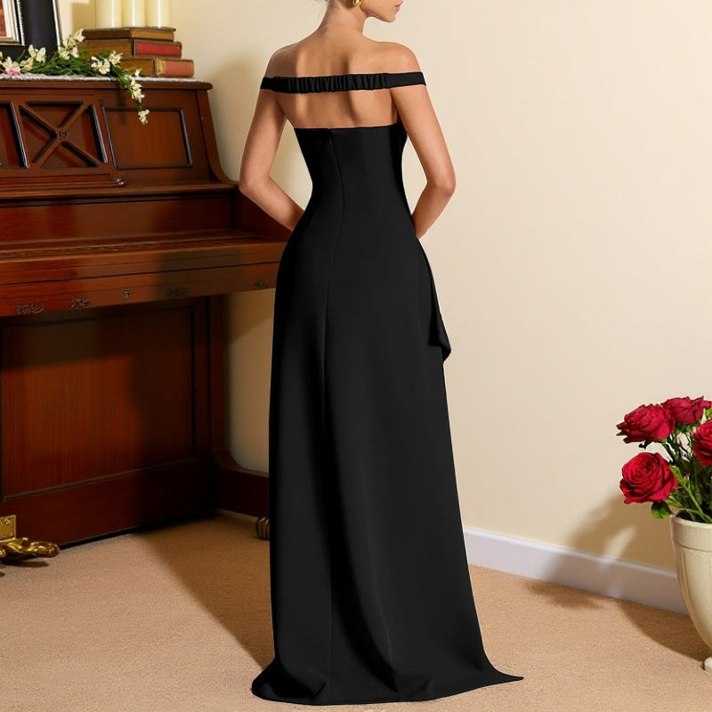 Damen elegantes schulterfreies Abendkleid mit hoher Schlitze und V-Ausschnitt Drune
