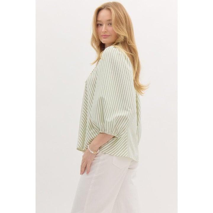 Damen Bluse mit Puffärmeln und Kontraststreifen Drune
