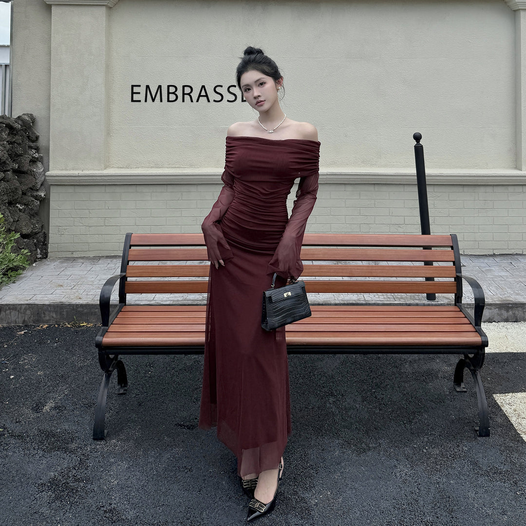Damen Off-Shoulder Abendkleid mit gerafftem Design und langen Ärmeln Drune