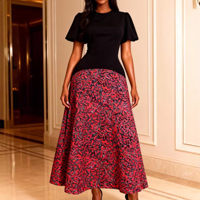 Damen Elegantes Maxikleid mit grafischem Muster und Puffärmel Drune