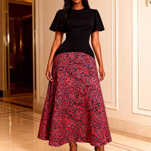 Damen Elegantes Maxikleid mit grafischem Muster und Puffärmel Drune
