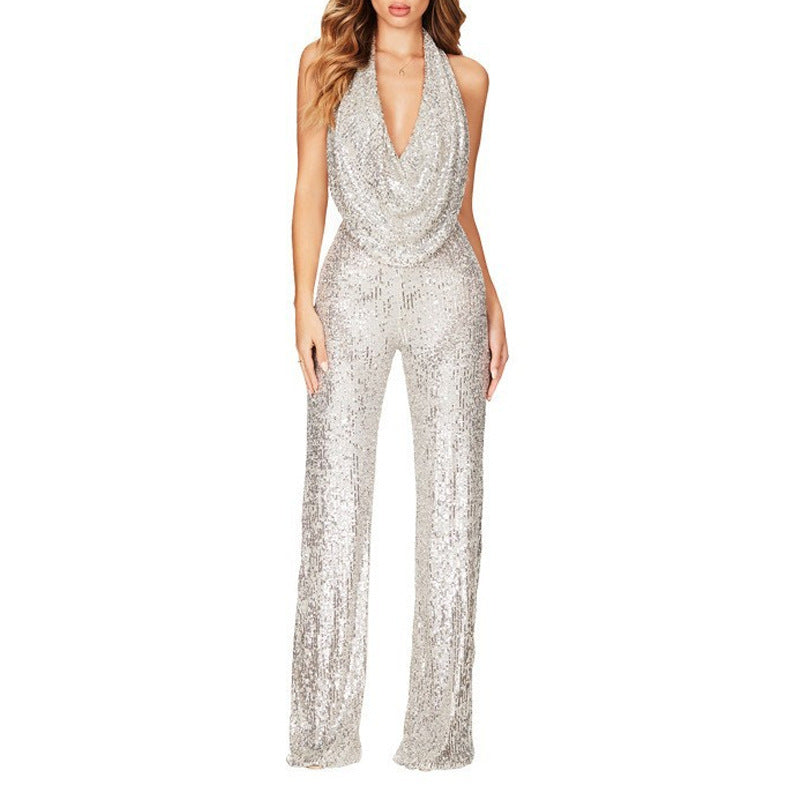Damen Glamouröser Jumpsuit mit schimmerndem Paillettenbesatz und tiefem V-Ausschnitt Drune