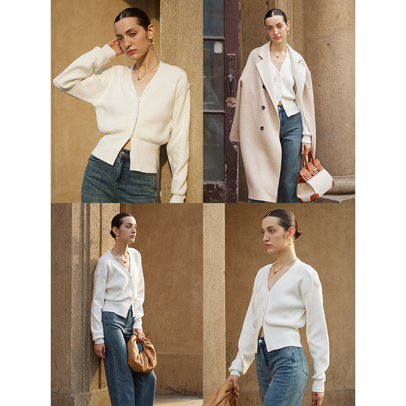 Damen modische Strickjacke mit Knopfdetails und elegantem V-Ausschnitt Drune