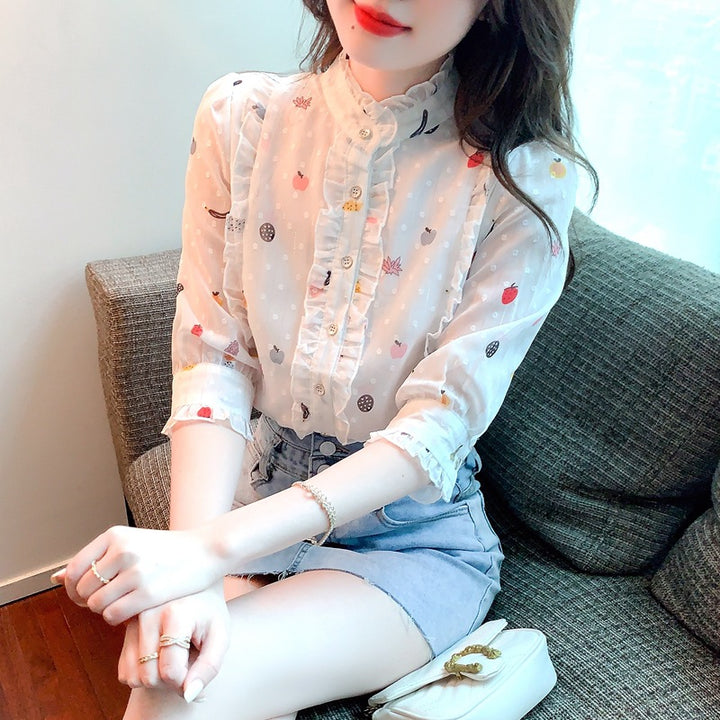 Damen Bluse mit floralem Design und gerafften Ärmeln Drune