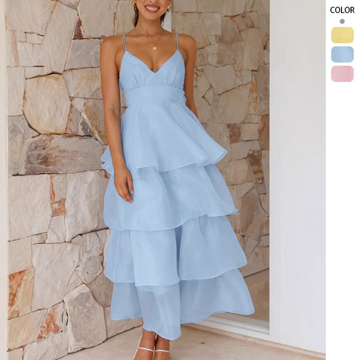 Damen luftiges Maxikleid mit Schichten und Spaghettiträgern Drune