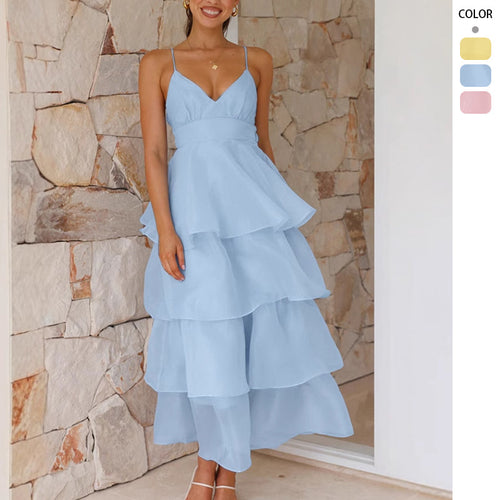 Damen luftiges Maxikleid mit Schichten und Spaghettiträgern Drune