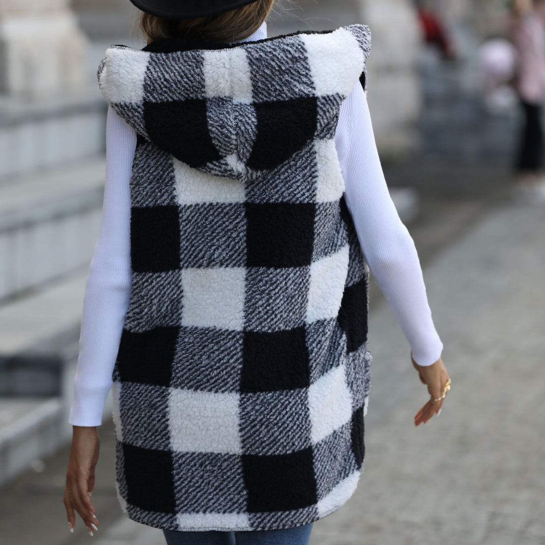 Damen Fleece-Weste mit Kapuze und Karomuster Drune
