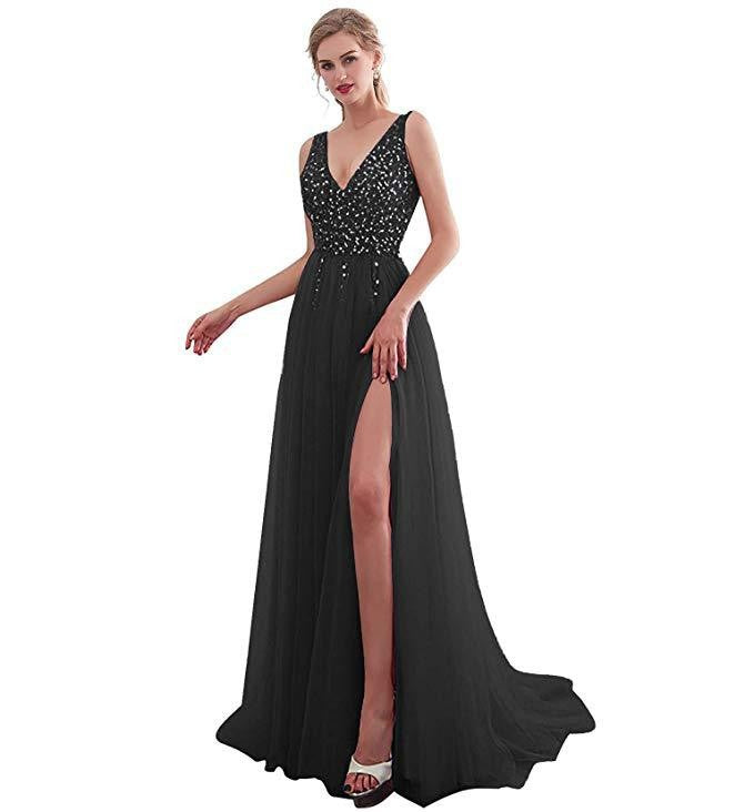 Damen Elegantes Maxikleid mit schimmerndem Oberteil und hohem Schlitz Drune