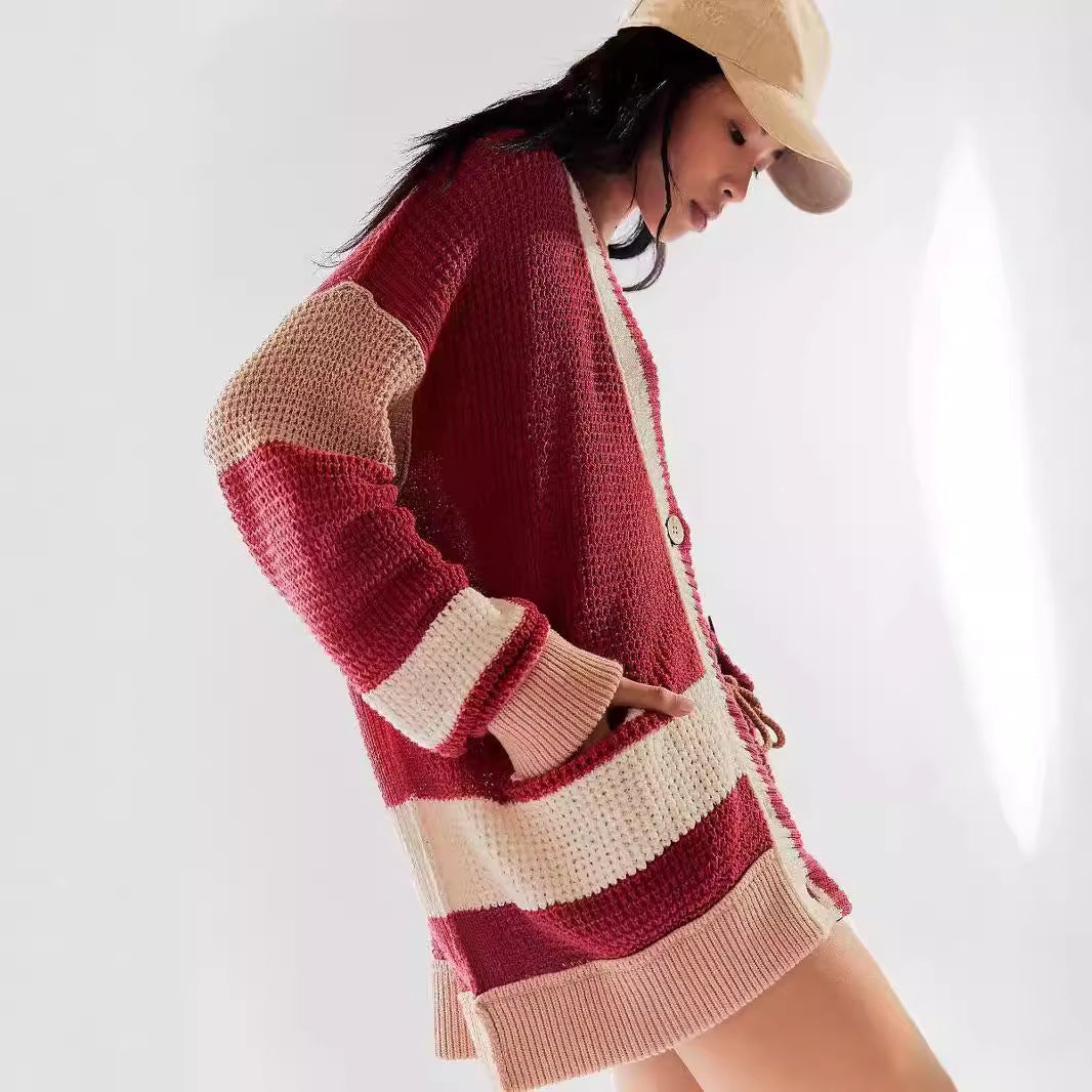 Damen lässiger Strickcardigan mit großen Taschen und stilvollen Kontraststreifen Drune