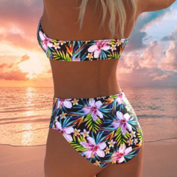 Damen Bandeau-Bikini-Set mit hochgeschnittenem Höschen und tropischem Blütenmuster Drune