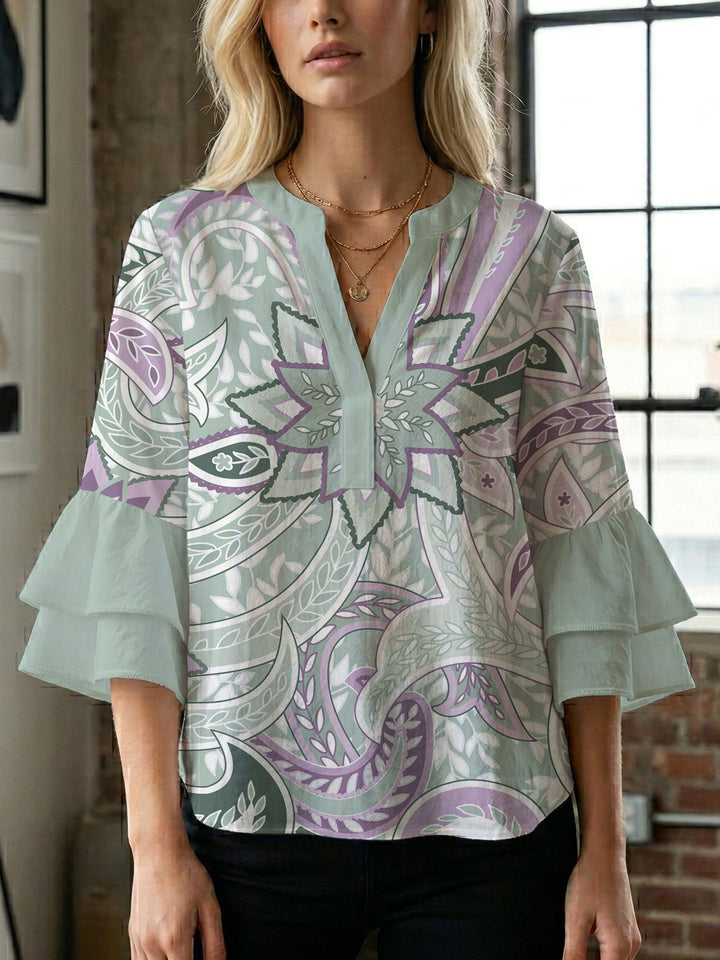 Damen Bluse mit voluminösen Rüschenärmeln und kreativem Floraldesign Drune