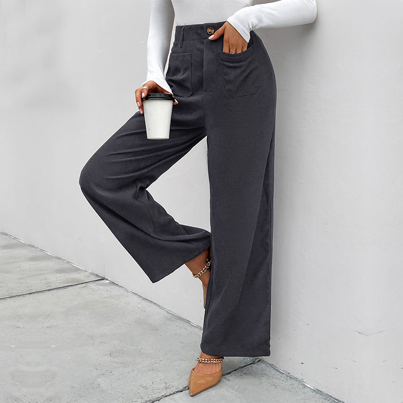 Damen Weite Hochtaillierte Hose mit praktischen Taschen und klassischen Knopfdetails Drune