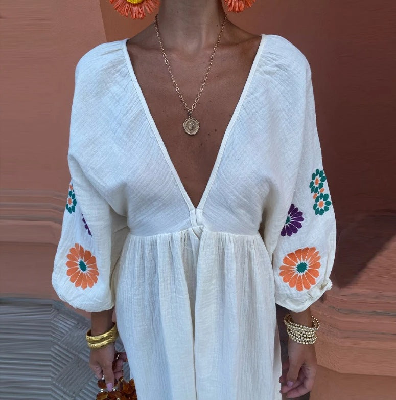 Damen lässiges Maxikleid mit floralen Puffärmeln Drune