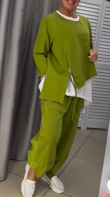Damen Lässiges zwei-teiliges Freizeit-Set mit asymmetrischem Oberteil und bequemen Hosen Drune