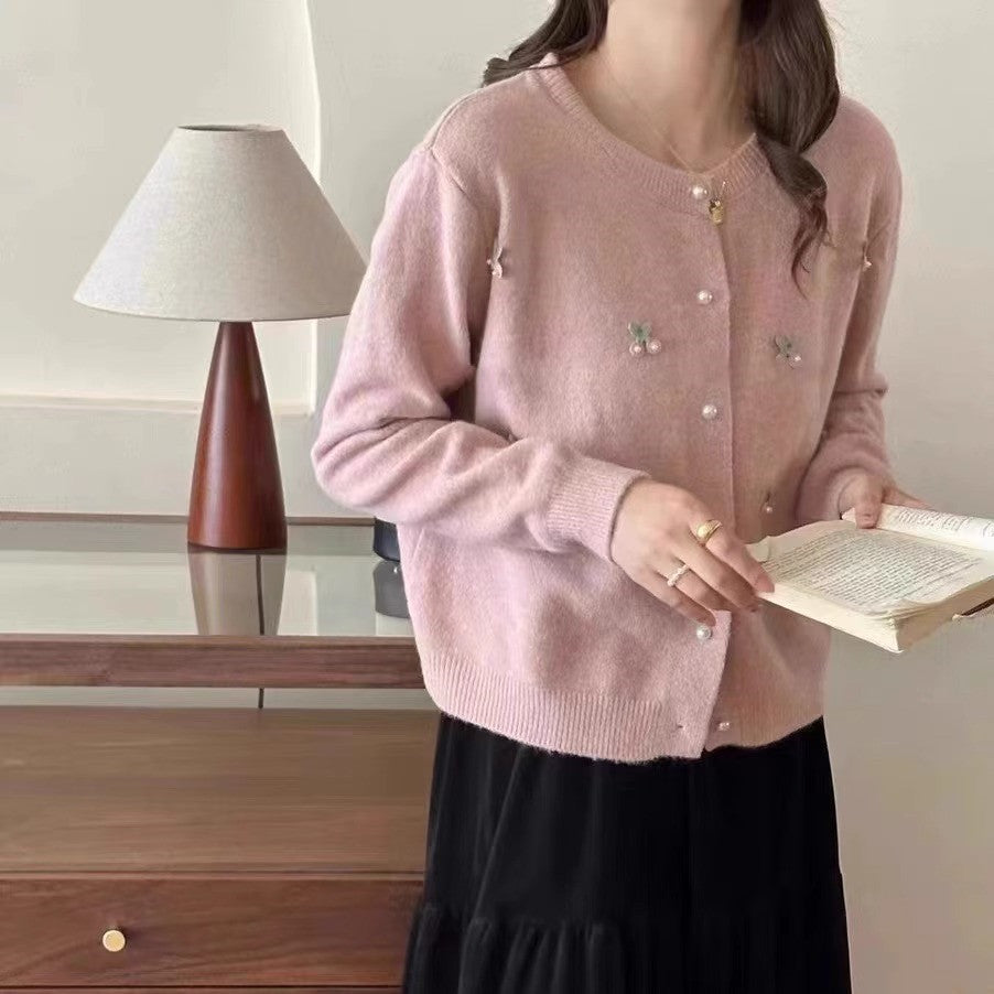 Damen Strickjacke mit feinen Perlen- und Blütenapplikationen Drune