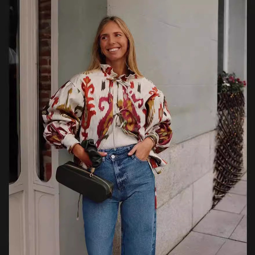 Damen Modische halbärmelige Bluse mit voluminösen Ärmeln Drune