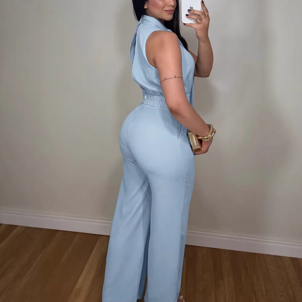 Damen eleganter Jumpsuit mit fließendem Schnitt und bindbarem Kragen Drune