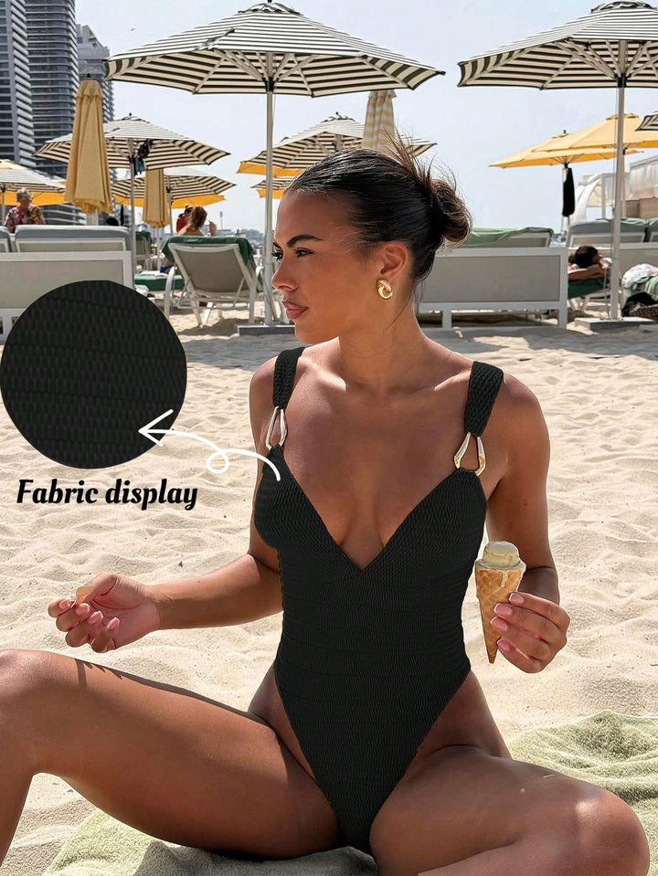 Damen Einteiler Badeanzug mit elegantem V-Ausschnitt und dekorativen Trägern Drune