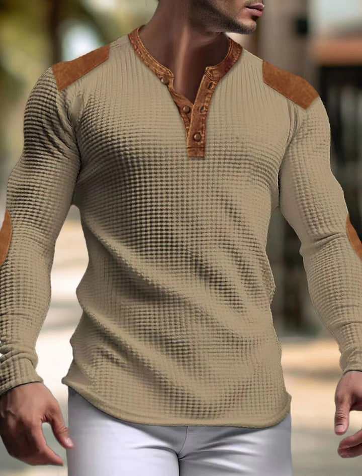 Herren Langarm-Henley-Shirt mit strukturiertem Gewebe und Kontrastdetails Drune
