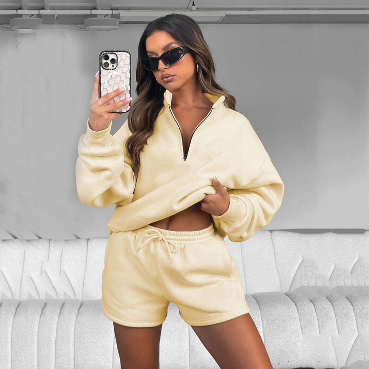 Damen lässiger Pullover mit halbhohem Kragen und Shorts Drune