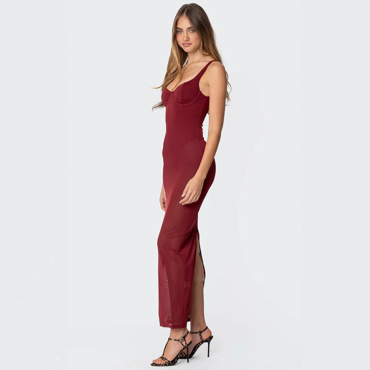 Damen Maxikleid mit figurbetonendem Schnitt und transparenten Einsätzen Drune