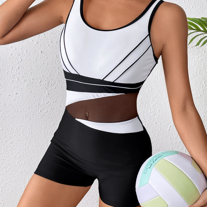 Damen Hochgeschlossener Sportbadeanzug mit modischem Netzdesign Drune