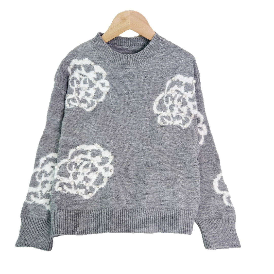 Damen modischer Pullover mit kunstvollen Blumenapplikationen und Perlenverzierungen Drune