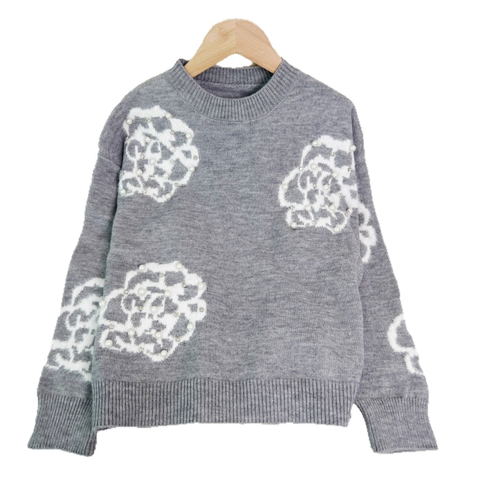 Damen modischer Pullover mit kunstvollen Blumenapplikationen und Perlenverzierungen Drune