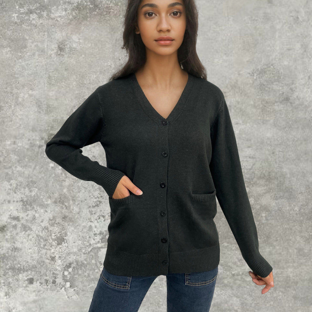 Damen lässige Strickjacke mit integrierten Taschen und stilvollem Knopfdesign Drune